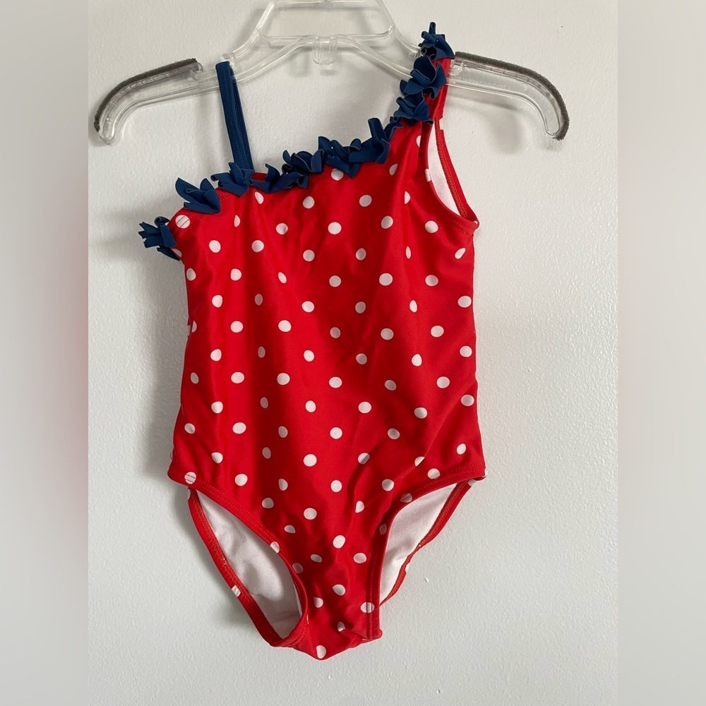 Wave Zone Red Polka Dot Kids Swimsuit size 2T with navy blue ruffle